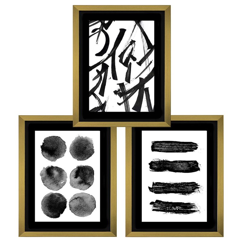 PAPEL ILUSTRADO - Set 3 Cuadros Trazos Bn 50X70 Marco Dorado