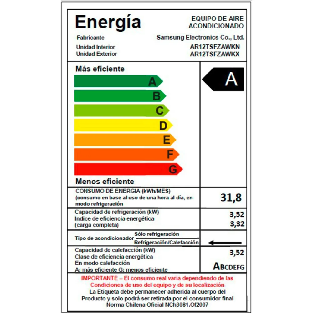 Samsung AR12TSFZAWK 12000 BTU Frío/Calor Blanco, foto 4