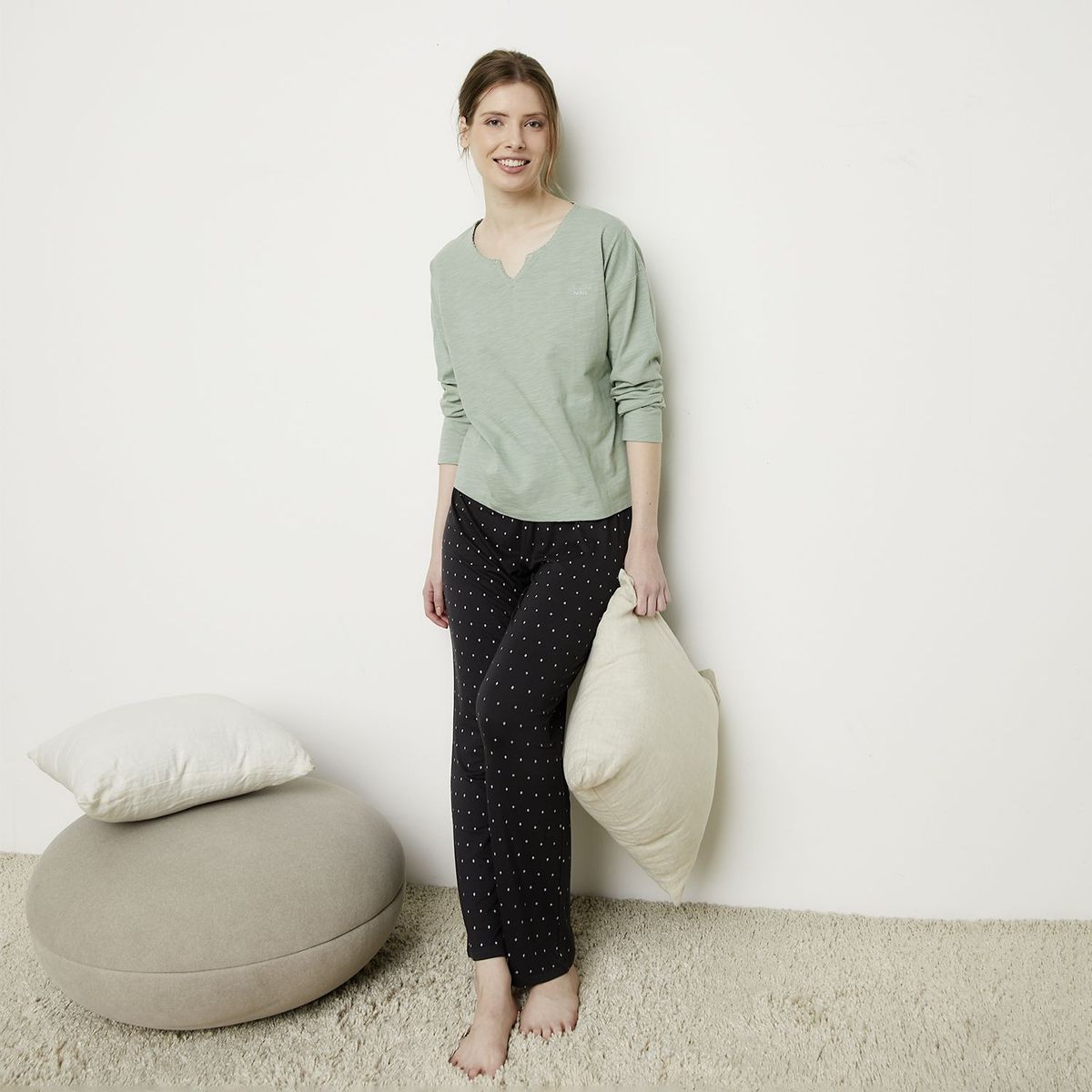 BLU - Pijama Mujer Algodón Manga Larga Puntos