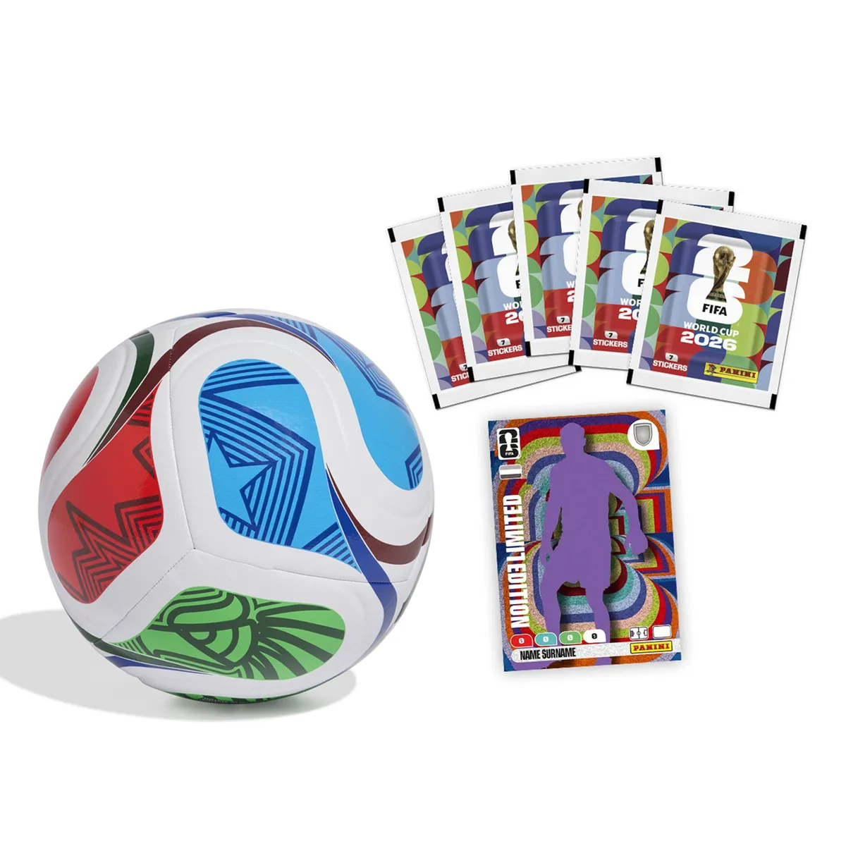 PANINI - Pack Blister 5 Sobres + 1 Carta Limited Edition Coleccionable de Regalo + Pelota Mundial 2026
