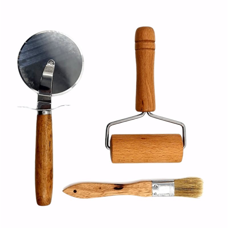 MOGA - Kit Para Pizza Brocha Rodillo Set 3 Piezas Madera Uslero