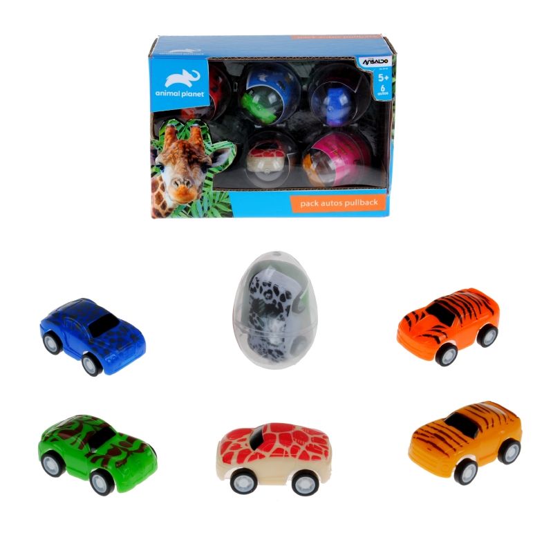 ANIMAL PLANET - Pack 6 Autos Pullback Con Stickers En Huevo Animal