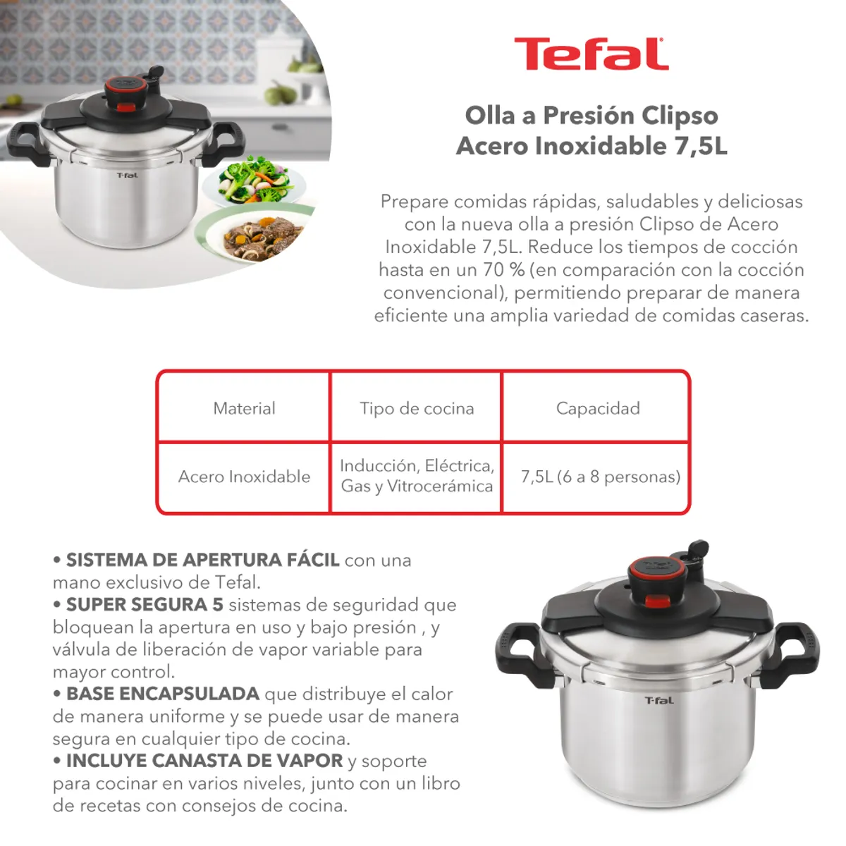 TEFAL - Olla a Presión Clipso Acero Inoxidable 7,5L