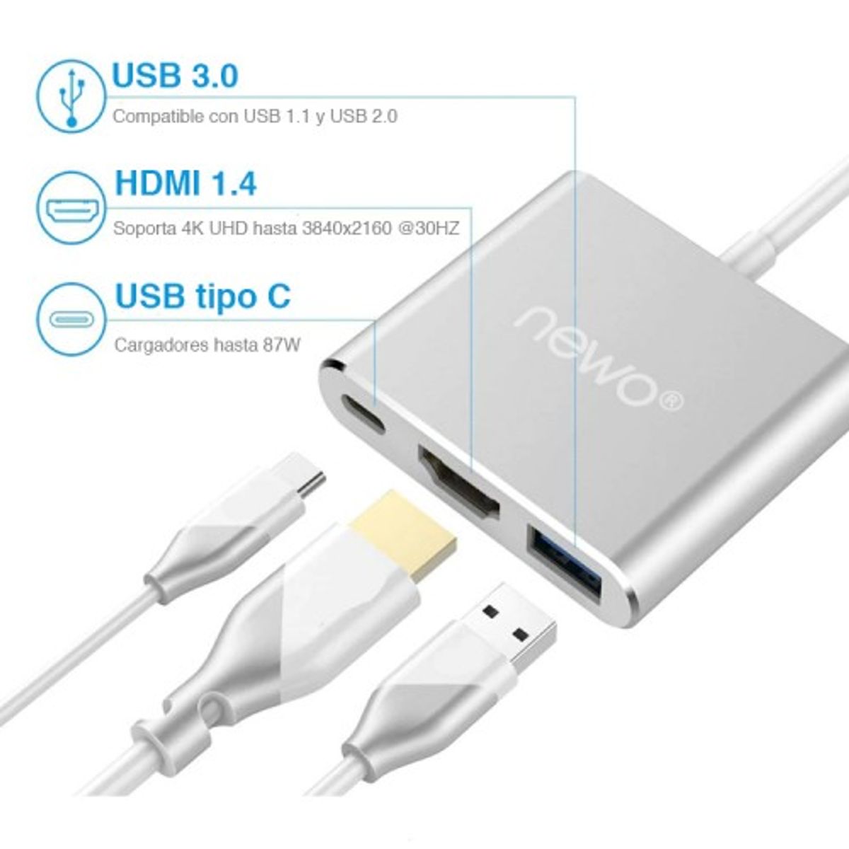 NEWO - Adaptador USB-C a HDMI / USB type C / USB 3.0 4k 30HZ