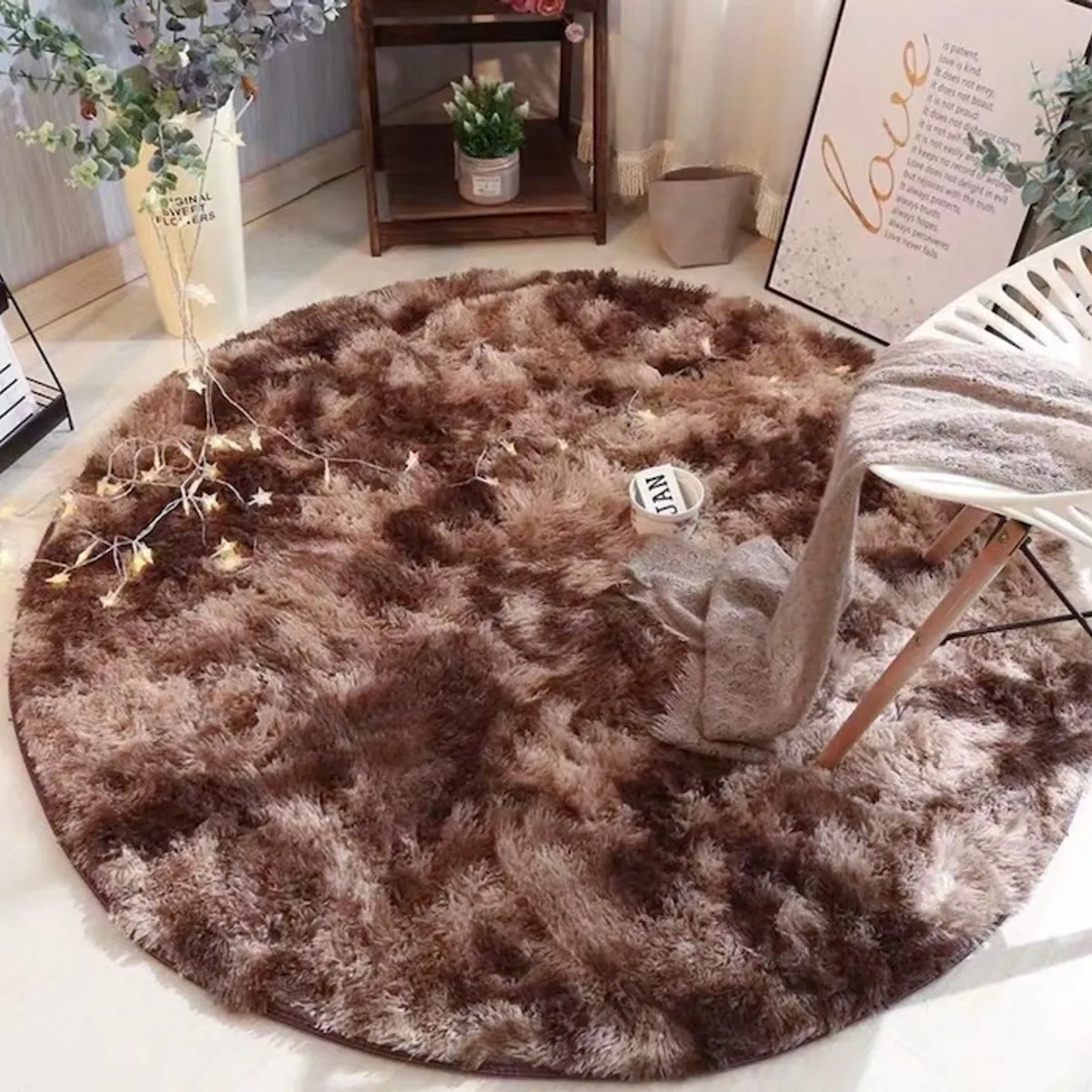 BJ HOGAR - Alfombra Peluda Redonda 1 Metro Cafe Jaspeado