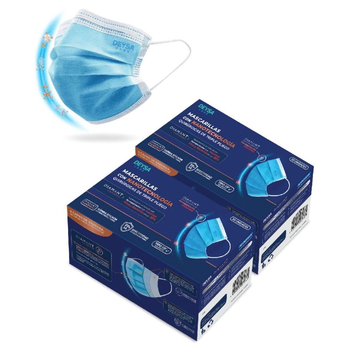 DEYSA CARE - Mascarillas Tipo IIR con NanoTecnología, 2 Cajas, 50 Un c/u. Celeste.