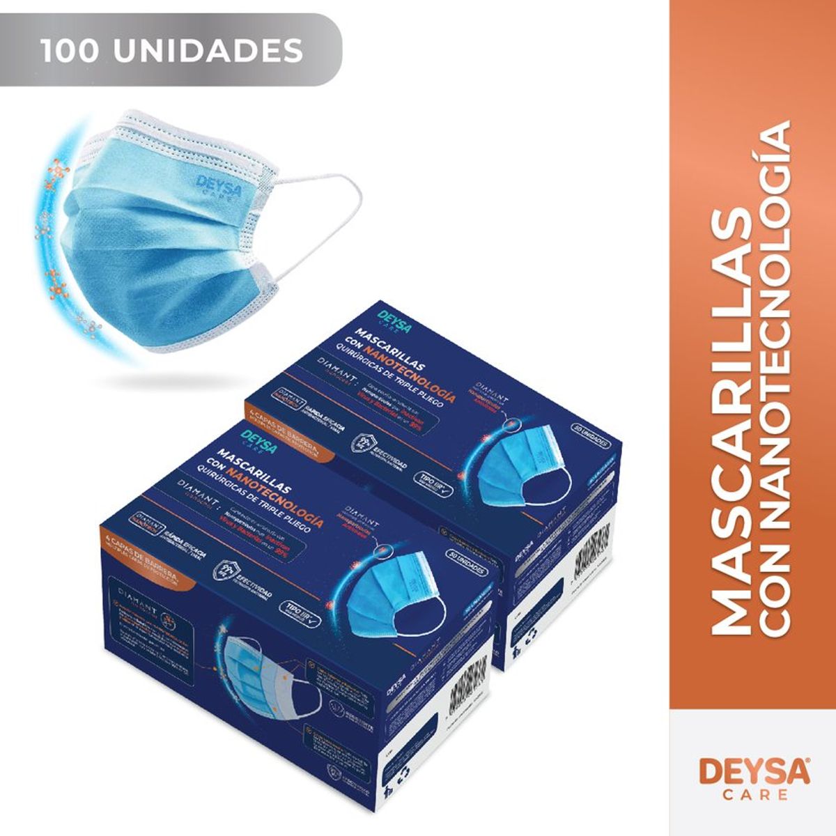 DEYSA CARE - Mascarillas Tipo IIR con NanoTecnología, 2 Cajas, 50 Un c/u. Celeste.