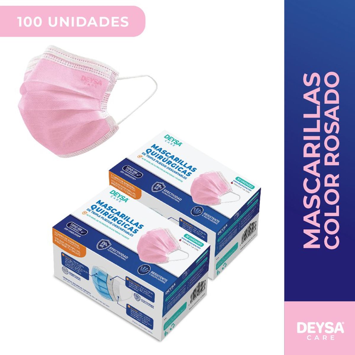 DEYSA CARE - Mascarillas desechables 50 un 2 cajas (100 un). color rosado.