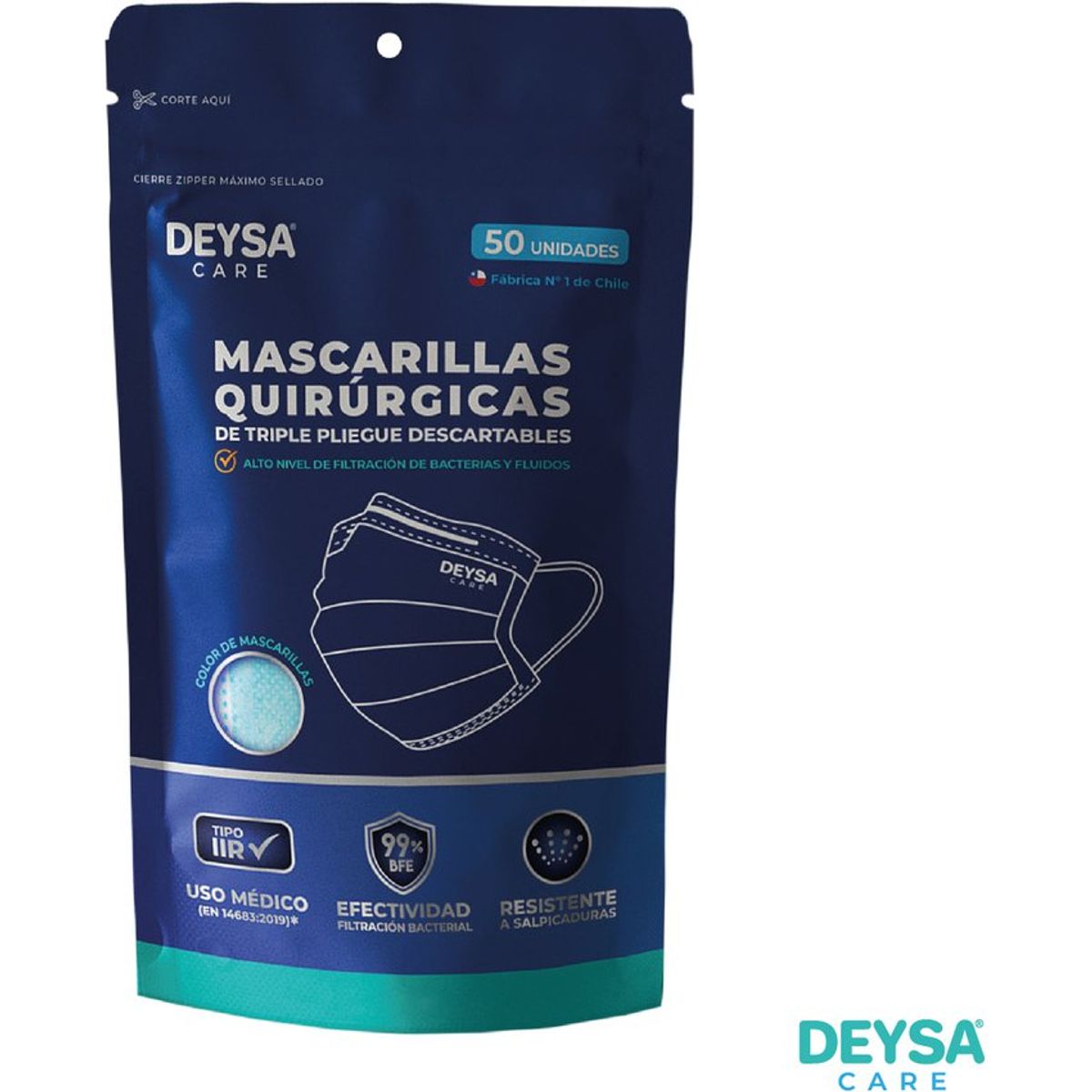 DEYSA CARE - Mascarillas desechables celestes, Envase resellable de 50 un