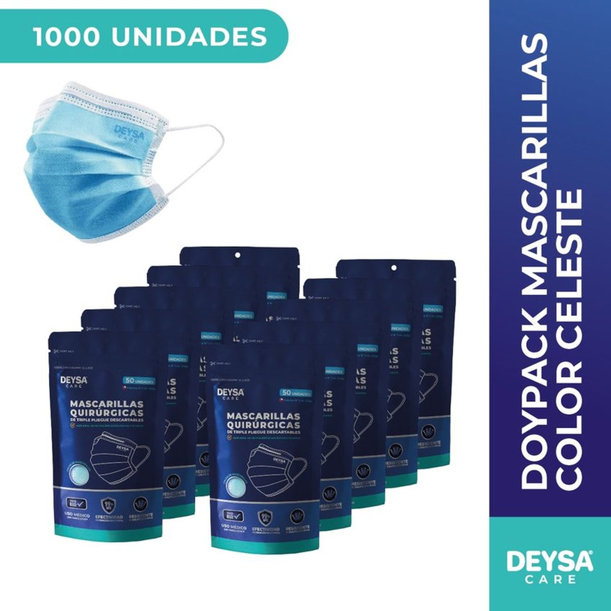 DEYSA CARE - Mascarillas Triple Pliegue Desechables Certificadas, 10 doypack, 50 un c/u (500 un)