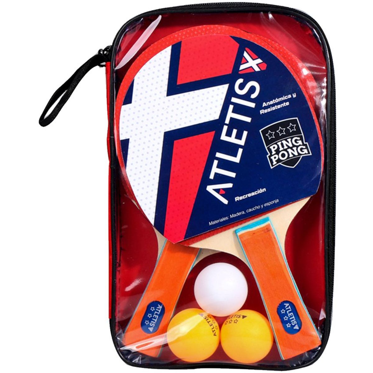 ATLETIS - Set 2 Paletas 3 Pelotas PingPong Recreación Negro