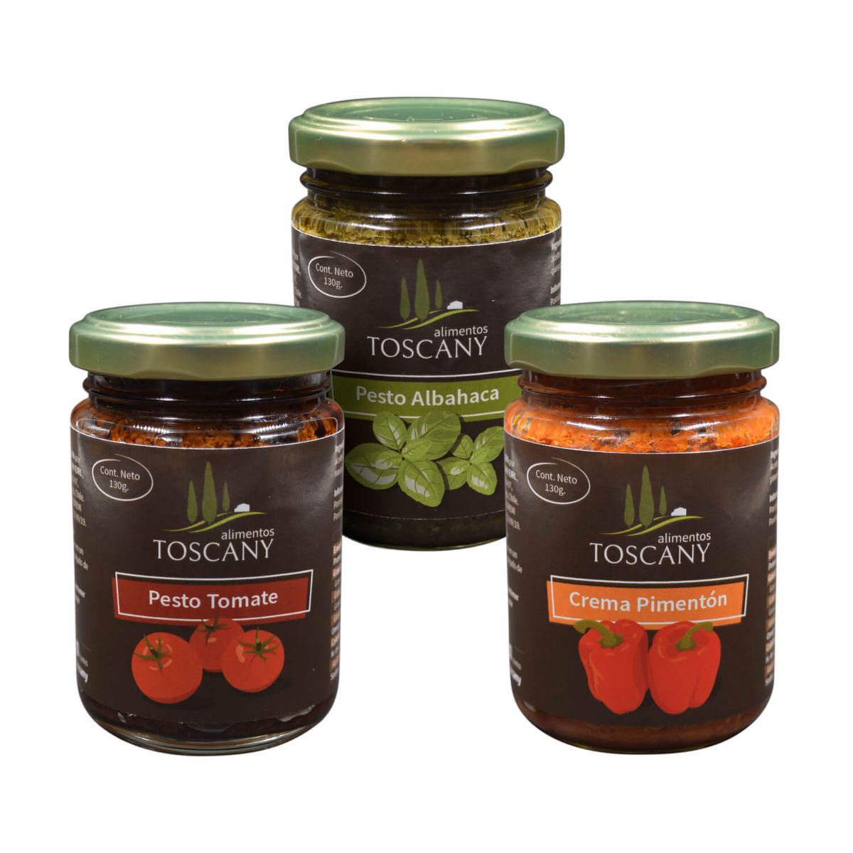 ALIMENTOS TOSCANY - Pack Trio Pestos - Albahaca, Tomate y Pimentón