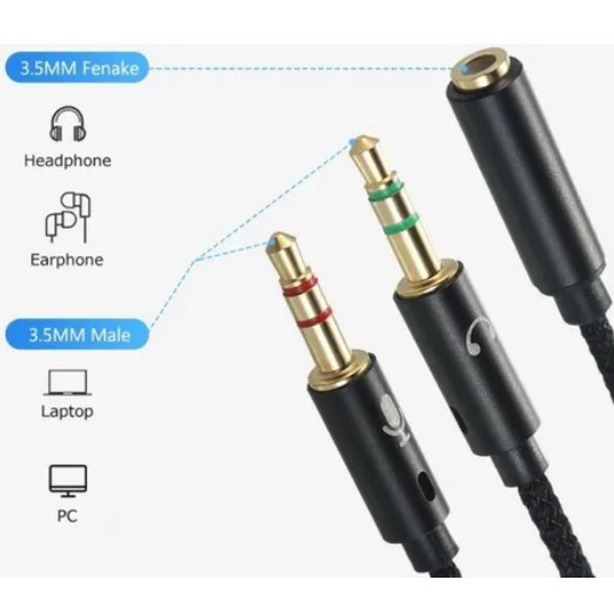 GENERICO - Adaptador Audio Microfono 2 Aux Macho A 1 Aux Hembra 3.5mm