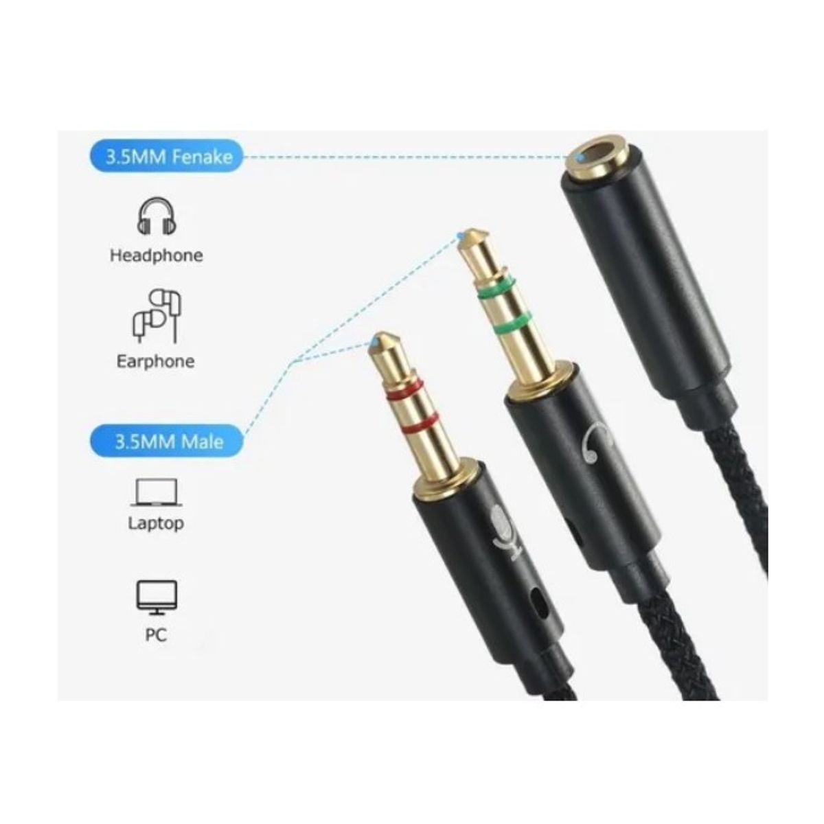 GENERICO - Adaptador Audio Microfono 2 Aux Macho A 1 Aux Hembra 3.5mm