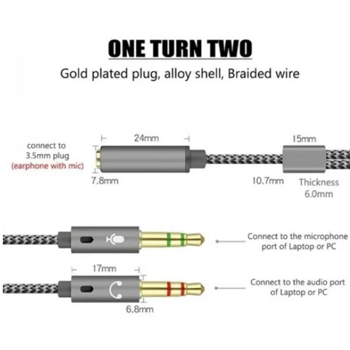 GENERICO - Adaptador Audio Microfono 2 Aux Macho A 1 Aux Hembra 3.5mm