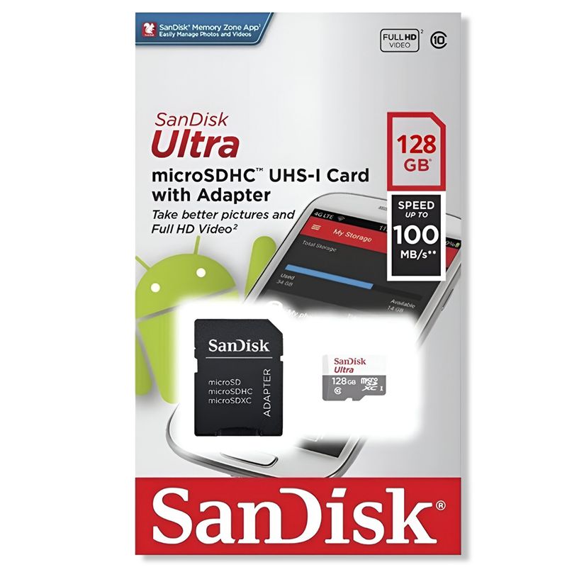 SANDISK - Memoria Micro SD Sandisk 128 GB 100Mbps Clase 10 Deluxe - Negro