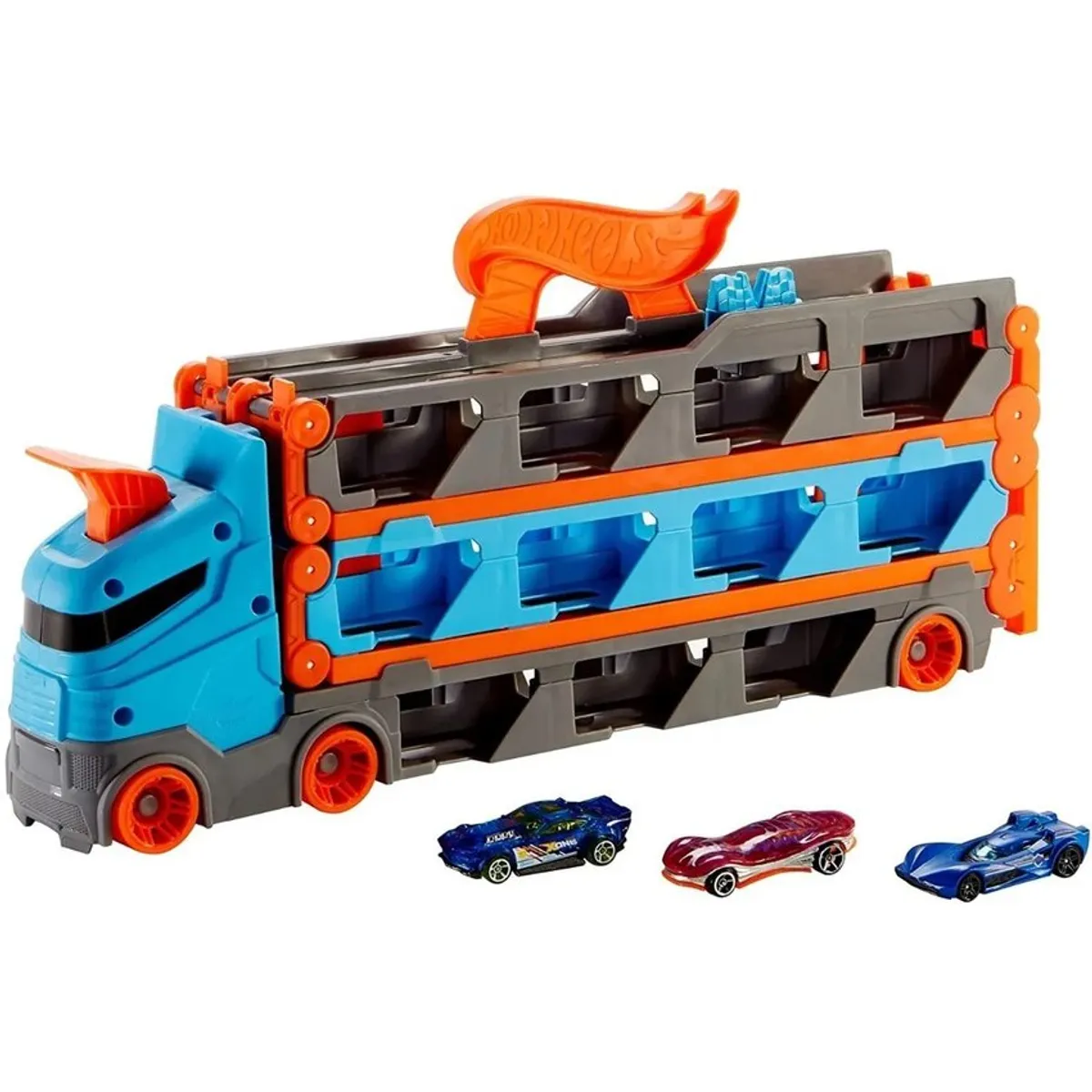 MATTEL - Hot wheels camion remolque autopista transportador + 3 autos