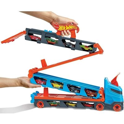 Imagen 2 del producto Hot wheels camion remolque autopista transportador + 3 autos