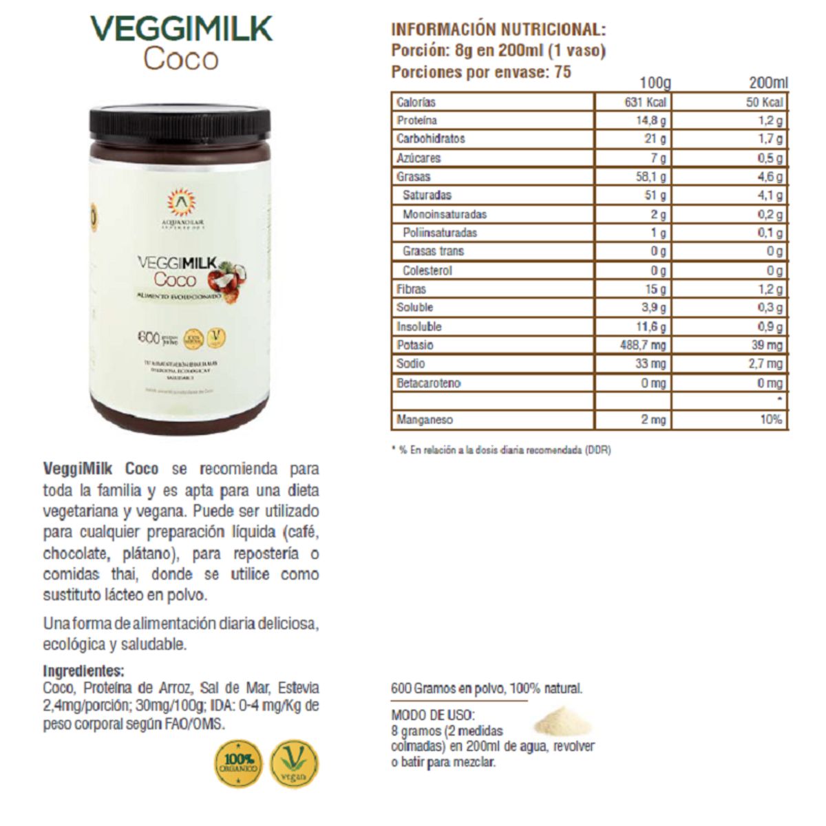 AQUASOLAR - Veggimilk Coco 600 Grs para 15 litros