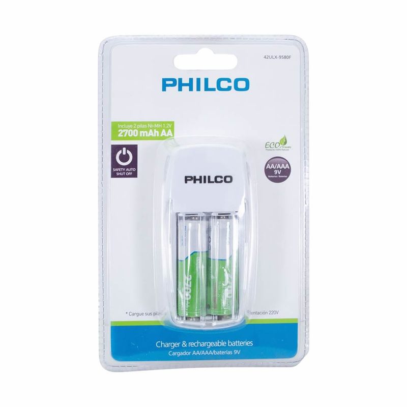 PHILCO - Cargador Pilas + 2 pilas AA Philco 2700mha