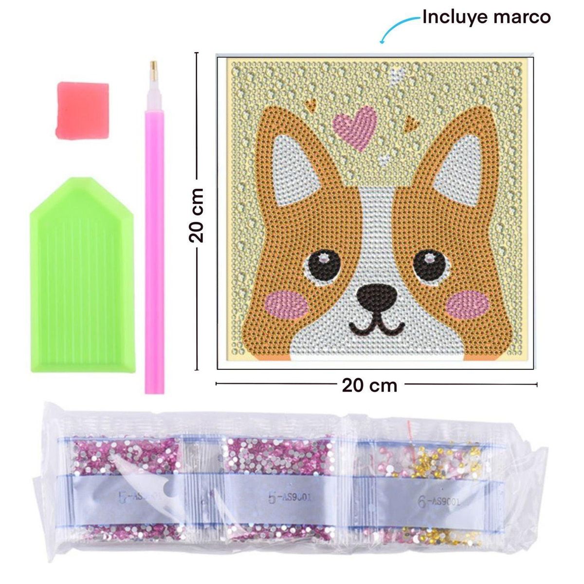 GENERICO - Diamond painting niños 5d Perrito - con marco - 20x20 cm