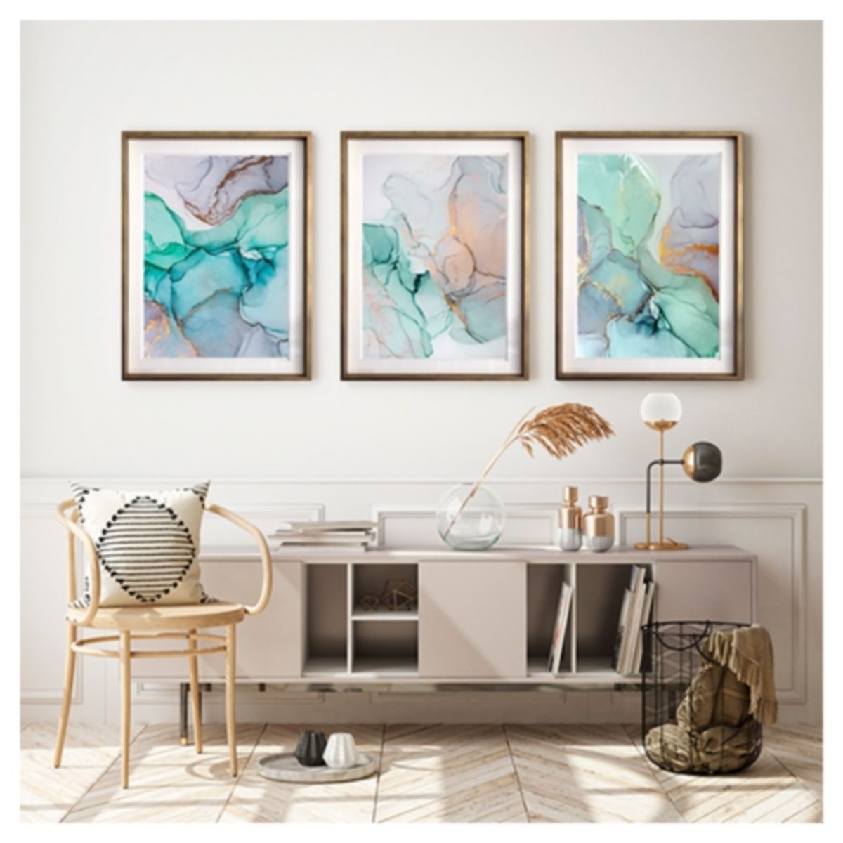 PAPEL ILUSTRADO - Set 3 Abstracto Turquesa 50X70 Marco Dorado