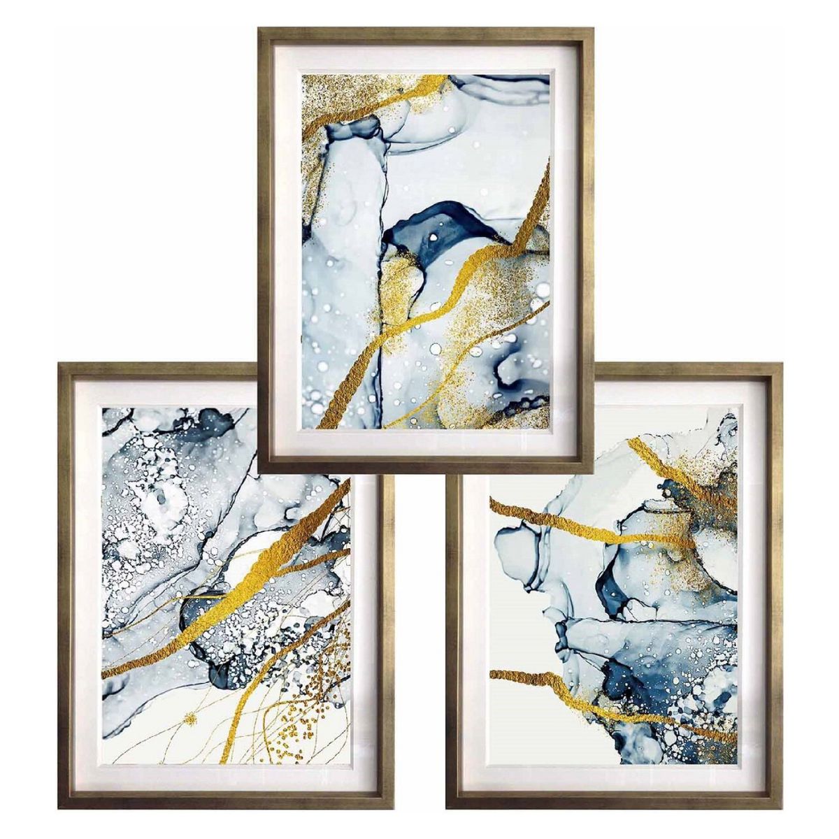 PAPEL ILUSTRADO - Set 3 Abstracto Azul Y Oro 50X70 Marco Dorado