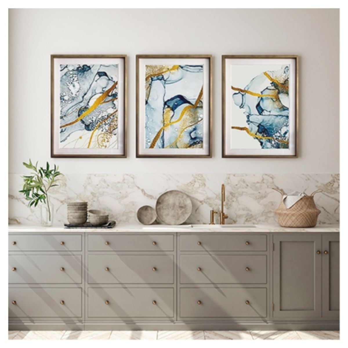 PAPEL ILUSTRADO - Set 3 Abstracto Azul Y Oro 50X70 Marco Dorado