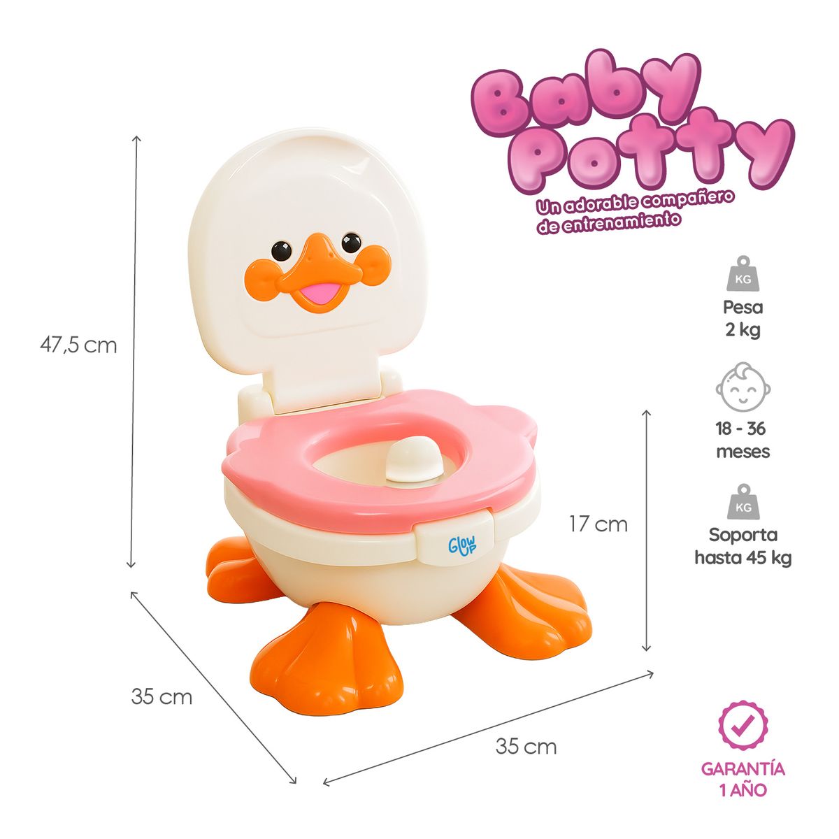 GLOWUP - Pelela Patito Duck Baby Potty 3 en 1 Rosada 18 a 36 meses