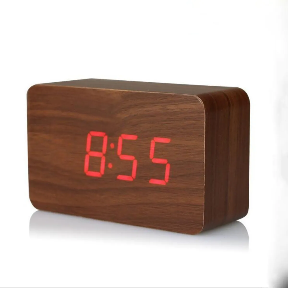SOHOGAR - Reloj despertador digital  de madera  luz led roja