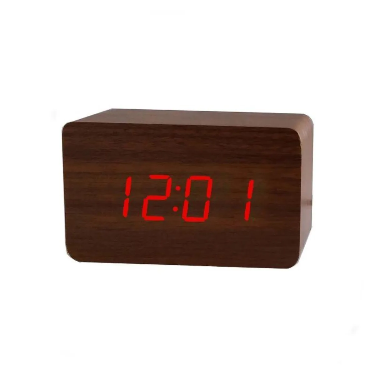SOHOGAR - Reloj despertador digital  de madera  luz led roja