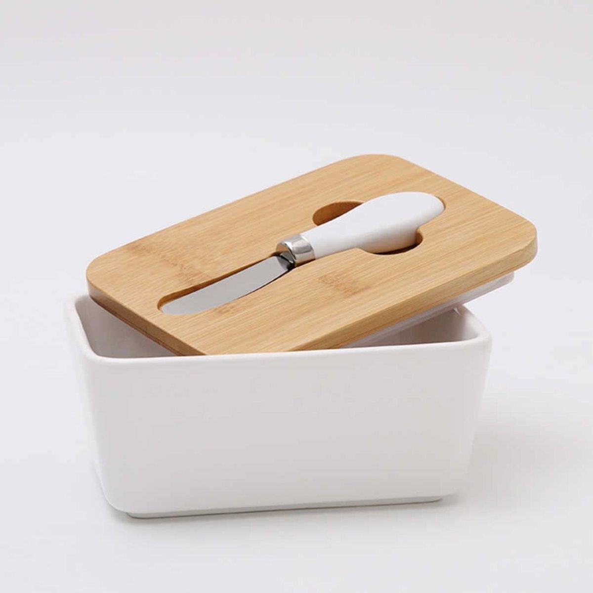 SOHOGAR - Mantequillero de cerámica con tapa de madera