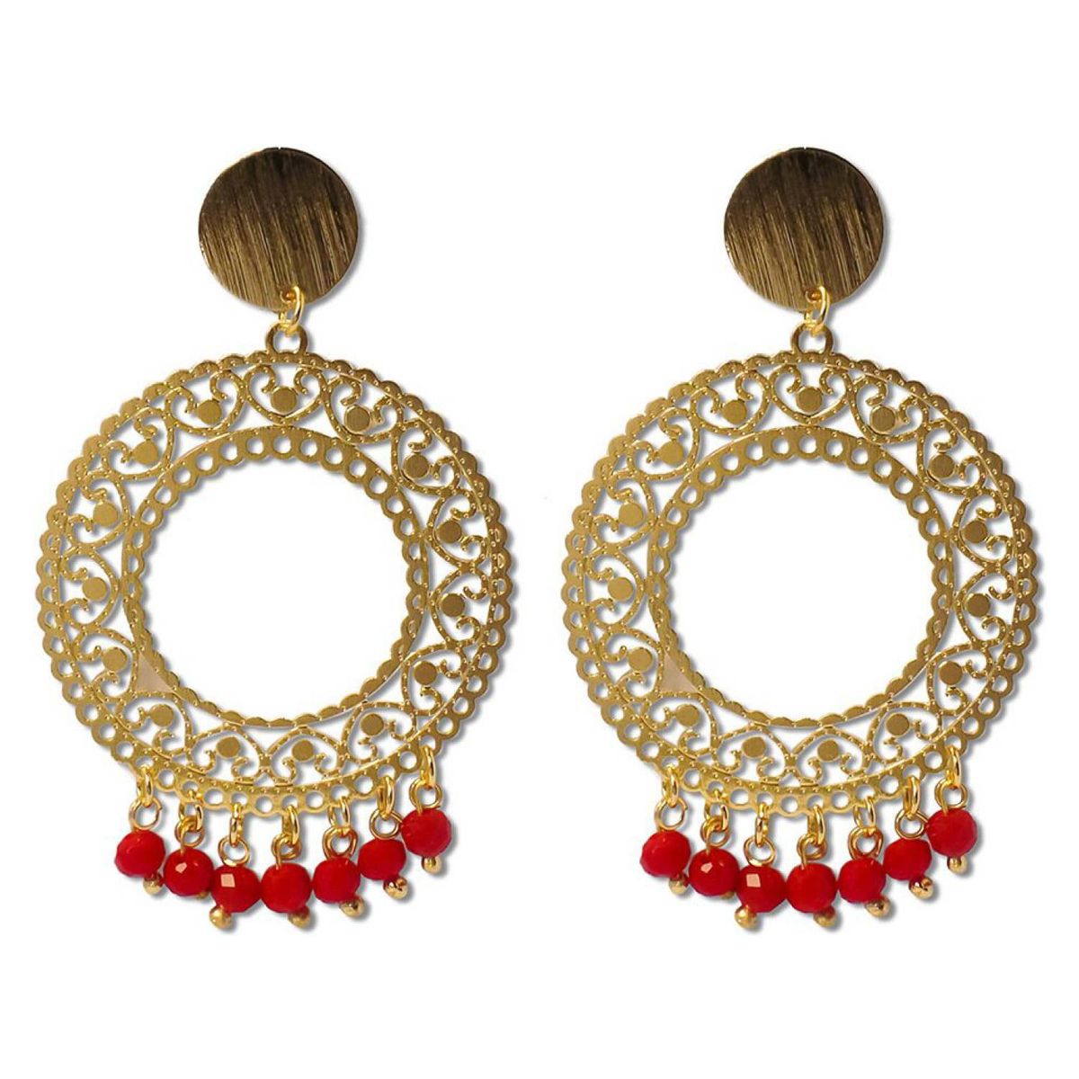 ANDREA COGGIOLA JOYAS - Aros Mandala Cristal Rojo Enchapado Oro 18K
