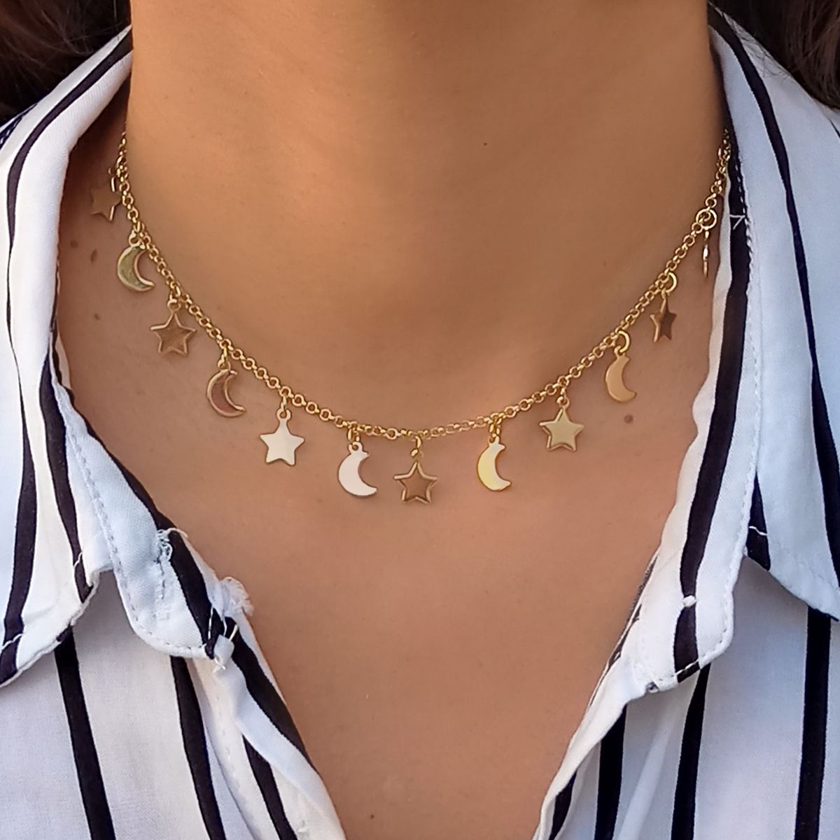 COGGIOLA - Collar Choker Lunas Estrellas Enchapado Oro 18K