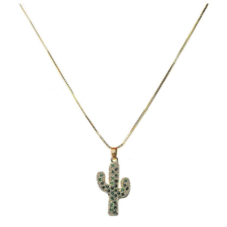 Collar Cactus Circon Verde 45cm Enchapado Oro 18K Dorado TALLA UNICA
