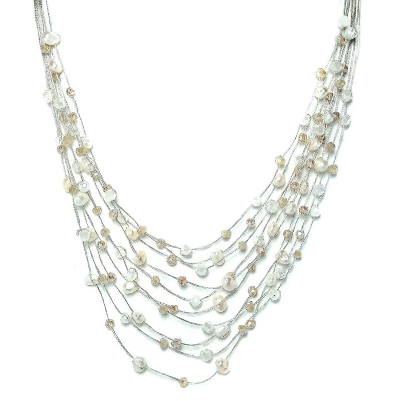 ANDREA COGGIOLA JOYAS - Collar Perla De Río Cristal Hilos Seda Plateado