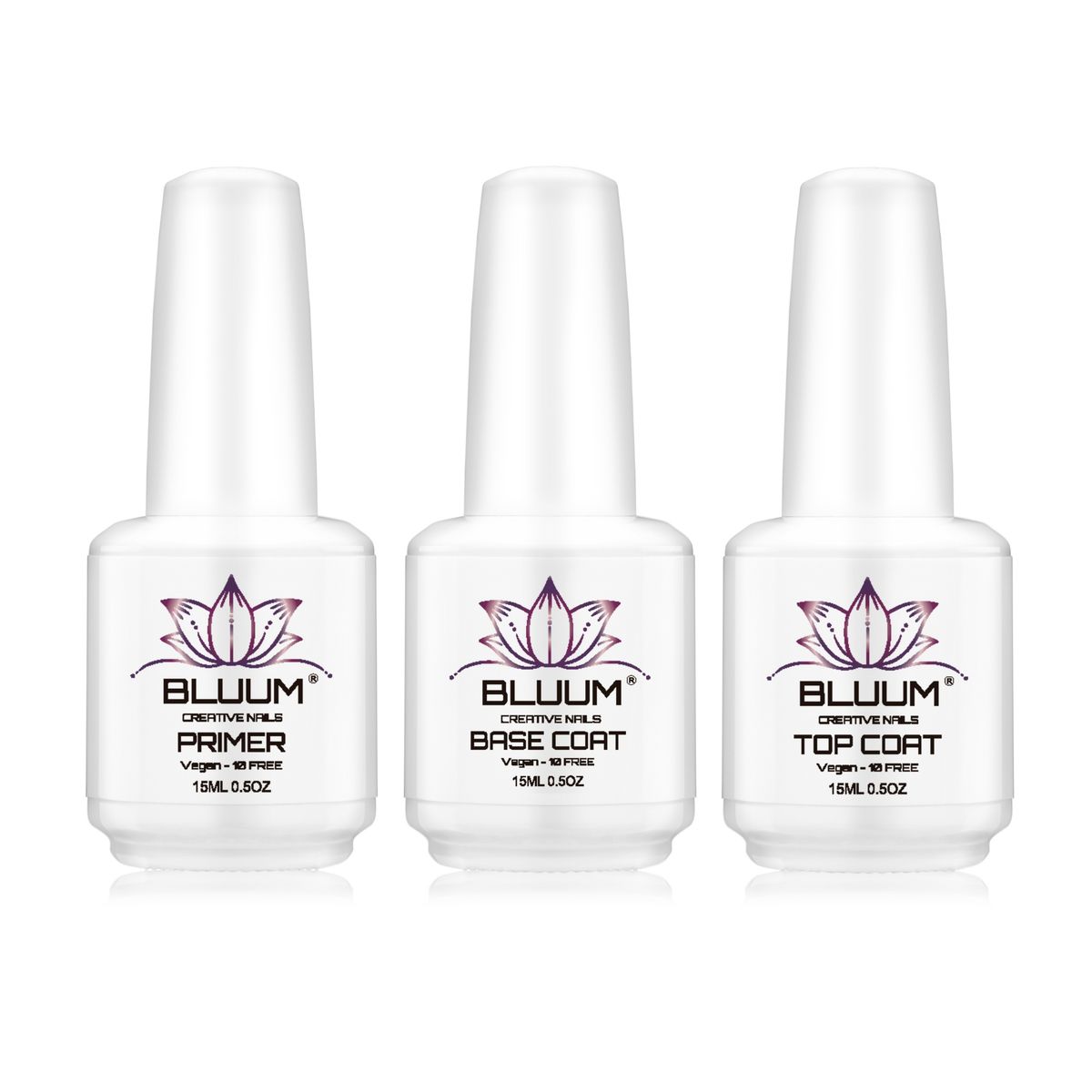 BLUUM - Pack Top Coat Base Coat y Primer Bluum 15ml