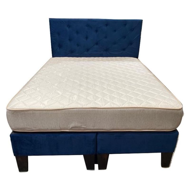 MUEBLES HVM - Cama Americana 2P  Colchon de resortes  Respaldo Azul Felpa Pmadera
