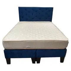 MUEBLES HVM - Cama Americana 2P Colchon de resortes Respaldo Azul Felpa Pmadera