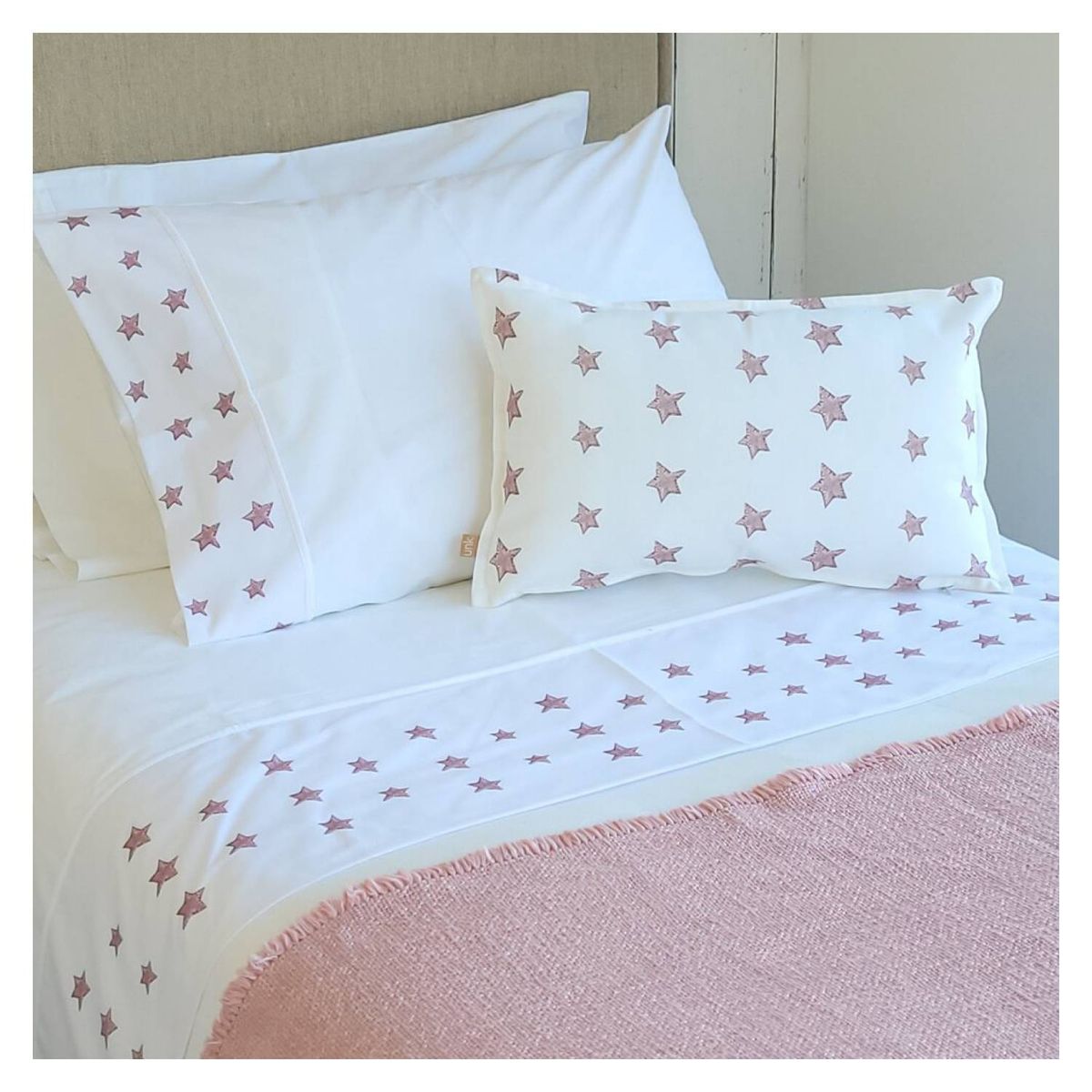 CASA ALVARINHO - Juego de sábana 15 plazas estrellitas rosa