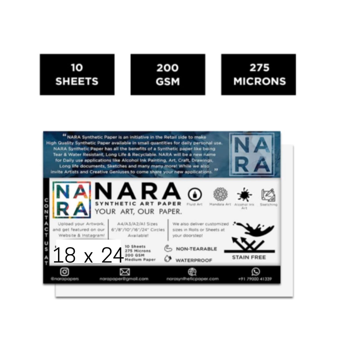 NARA - Papel Tintas al Alcohol BLANCO  45 X 61 cm. 10 hojas de 275m