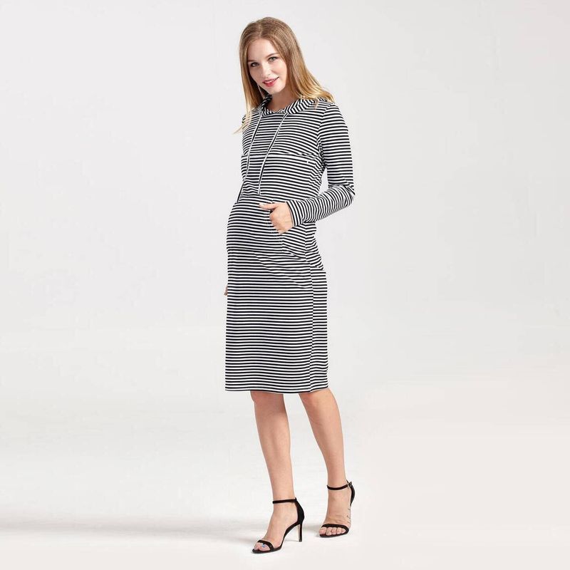 GREENHOME - Vestido Maternal y Lactancia Rayado con Capucha