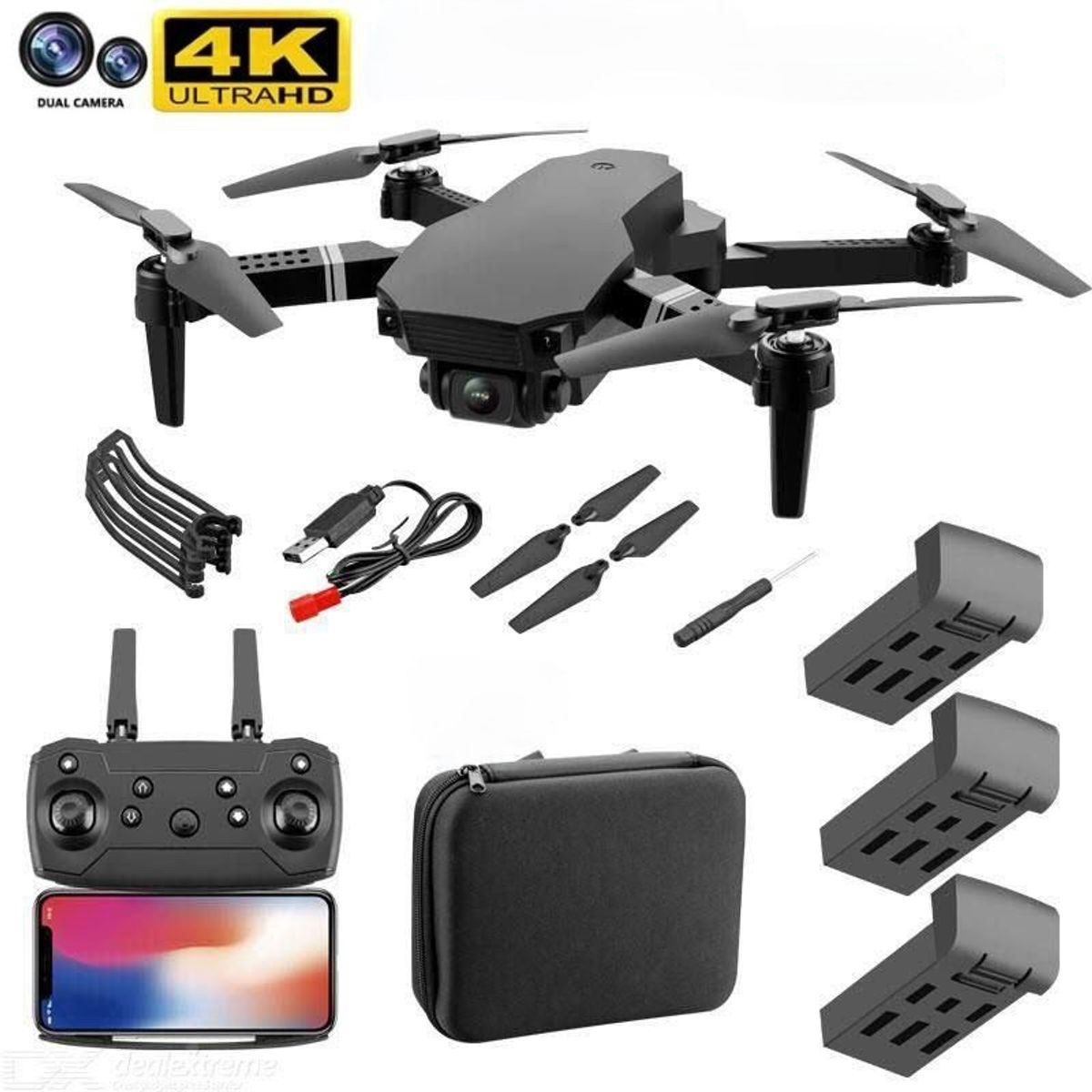 ACTUAL - Dron Cámara Doble 4K Wifi Plegable Bolso 3 Baterías Recargable