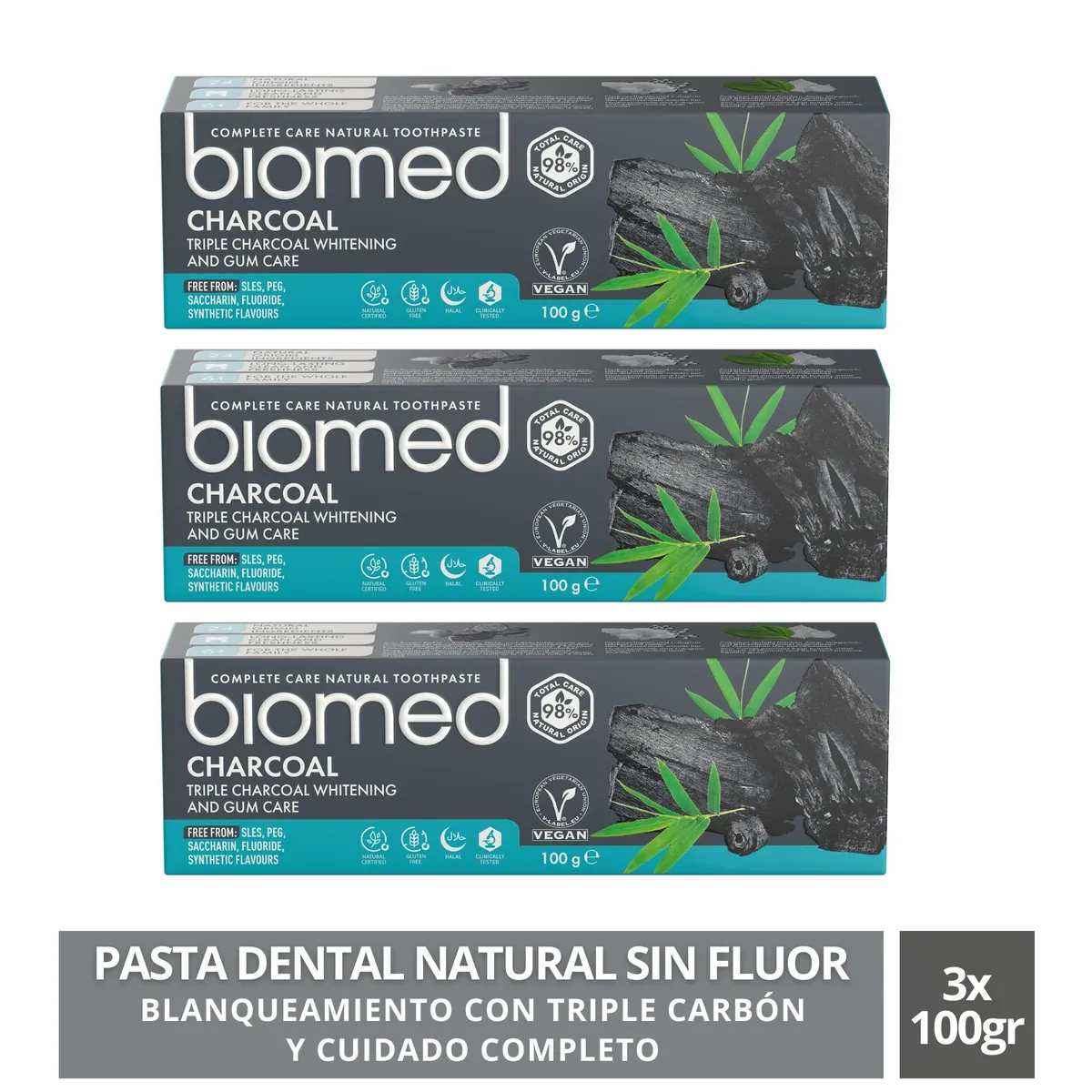 SPLAT - Pack 3 Pasta Dental Blanqueadora Biomed Charcoal 100Gr, sin Fluor