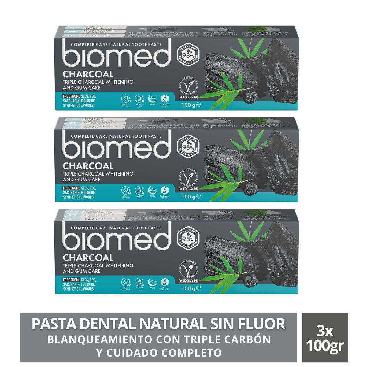 SPLAT - Pack 3 Pasta Dental Blanqueadora Biomed Charcoal 100Gr, sin Fluor