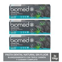 Pack 3 Pasta Dental Blanqueadora Biomed Charcoal 100Gr, sin Fluor
