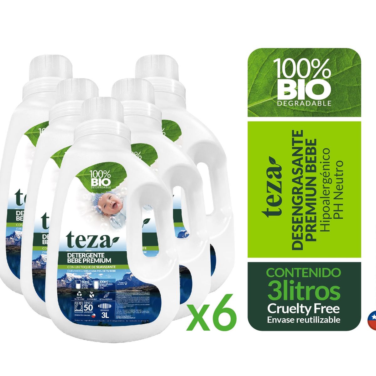 TEZA - 6 Detergentes Teza Bebé con Suavizante 100% Bio  3 Litros
