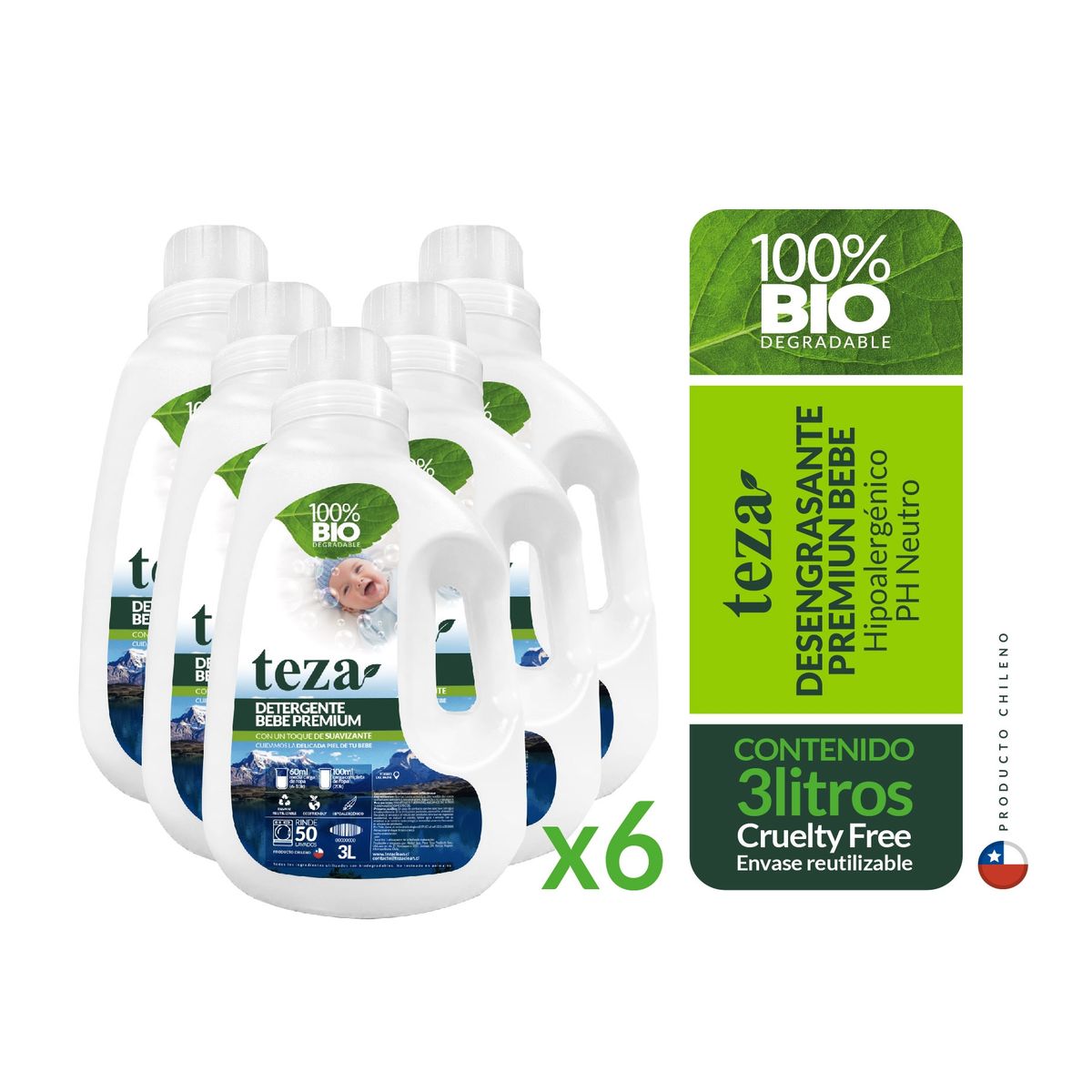 TEZA - 6 Detergentes Teza Bebé con Suavizante 100% Bio  3 Litros