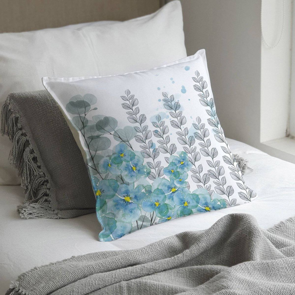 CASA ALVARINHO - Funda Cojín Pensamientos Eucaliptos Y Hojitas 45