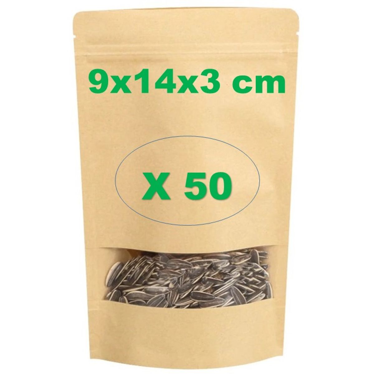 GENERICO - 50 Bolsas papel Kraft 9x14x3 cm con ventana cierre hermético